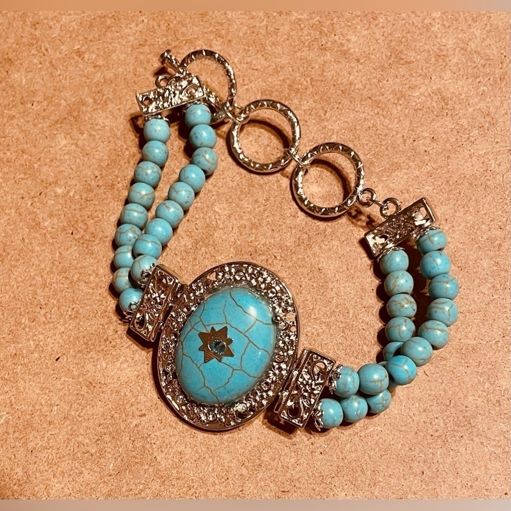 🌟HP🌟 TURQUOISE Faux Wrap Bracelet 8” Around Adjustable Blue Howlite Southwestern